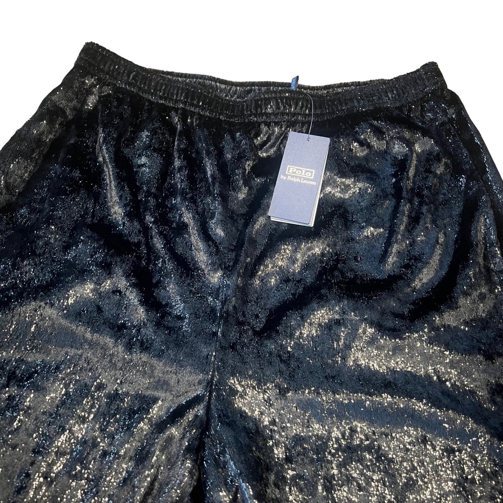 Polo Ralph Lauren Women M Pants Black Metallic Velvet Wide Leg Trousers NEW